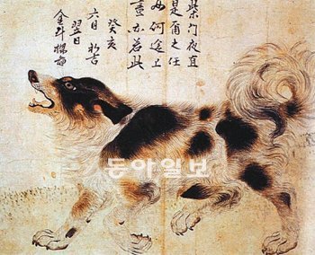 김두량(1696∼1763)의 ‘삽살개’. 영조 임금이 그림 위에 손수 글을 썼다고 전해진다.