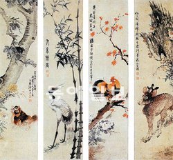 장승업(1843∼1897)의‘십곡병풍’에는 다양한 동물이 한데 어우러져 있다. 왼쪽부터 강아지. 두루미, 닭, 사슴이 그려져 있다.