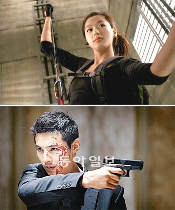 배우 전지현이 영화 ‘도둑들’에서 마카오의 상징으로 여겨지는 호텔의 벽면 유리를 오려내고 침입하고 있다. (위 )쇼박스 제공. 원빈 주연의 ‘아저씨’는 중국인을 부정적으로 묘사한 부분이 삭제된 채 지난해 중국에서 개봉됐다. (아래) CJ E&M 제공