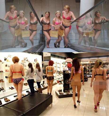 지난해 4월 영국의 한 쇼핑센터에서 벌인 ‘속옷입고 오면 상품권 주는 이벤트’.