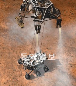 착륙 성공. ‘큐리오시티’는 상공 20m부터는 ‘스카이 크레인’에 매달려 땅으로 천천히 내려온다.