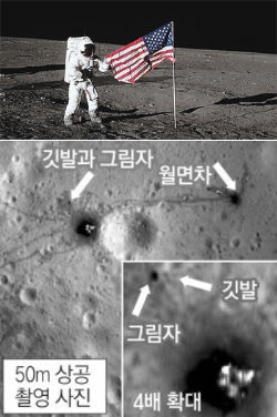1969년 아폴로 12호 달 착륙 당시 성조기를 꽂는 모습(왼쪽)과 미 항공우주국 달 궤도
탐사선 ‘LROC’가 최근 촬영한 달 표면. 사진 출처 데일리메일