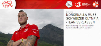 스위스 축구 협회 홈페이지에서 미첼 모르가넬라의 올림픽 대표 퇴출 소식을 전하고 있다.