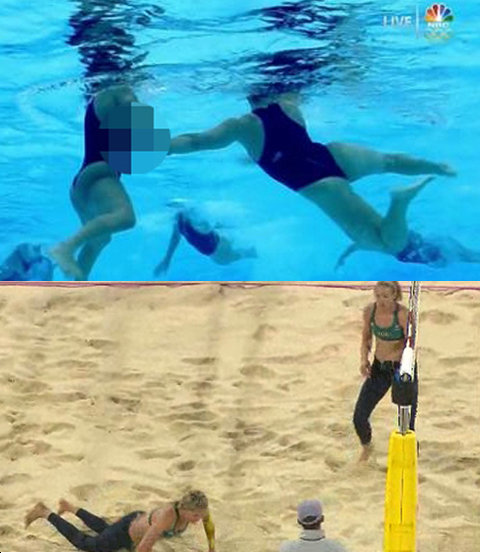 ‘노출의 대명사’로 불리는 수구(위)와 비치발리볼 경기 장면. 사진출처｜美 NBC·SBS 올림픽 중계 방송캡처