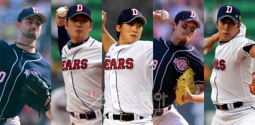 니퍼트-김선우-이용찬-노경은-김승회(왼쪽부터)로 구성된 두산 선발진이 올 시즌 짠물 투구를 거듭하고 있다. 두산은 5일까지 92경기에서 8개 구단 중 가장 많은 52번의 퀄리티스타트를 기록하며 강력한 선발투수의 힘을 보여주고 있다. 스포츠동아DB