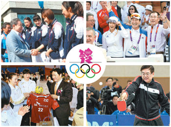 이건희 삼성전자 회장이 올림픽 선수촌을 찾아 여자 배구 국가대표 선수들을 격려하고 있다. 정의선 현대차 부회장(오른쪽)이 여자 
양궁 경기장을 찾아 기뻐하는 모습. 대한탁구협회장인 조양호 한진그룹 회장이 선수들과 탁구를 치고 있다. 최태원 SK그룹 회장은 
용인시청 핸드볼팀을 인수해 올 2월 새로 팀을 창단했다(왼쪽 위부터 시계 방향으로). 동아일보DB