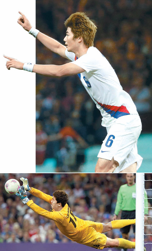 2012 올림픽 2012년 런던 올림픽 남자 축구 8강에서 후배들이 10년 전 감동을 재현했다. 골키퍼 이범영(아래)은 승부차기에서 영국 마지막 키커 대니얼 스터리지의 슈팅을 막아냈다. 마지막 키커로 나선 기성용은 과감한 슈팅으로 승부를 결정지은 뒤 양 팔을 번쩍 들고 세리머니를 펼쳤다. 카디프=로이터 연합뉴스