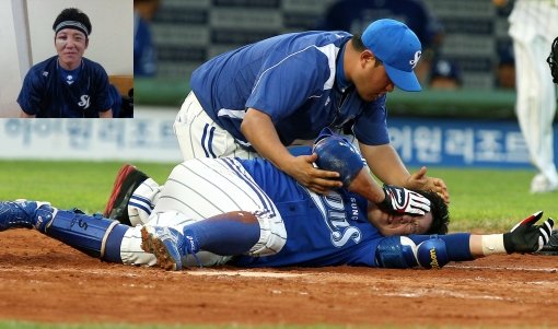 성 조동찬은 3일 사직 롯데전에서 고원준의 투구에 얼굴을 맞고 쓰러져 오른쪽 눈 밑을 40바늘이나 꿰맸다(큰 사진). 눈이 퉁퉁 부은 상태(작은사진)에서도 조동찬은 웃음을 잃지 않았다. 스포츠동아DB, 사진제공｜스포츠코리아