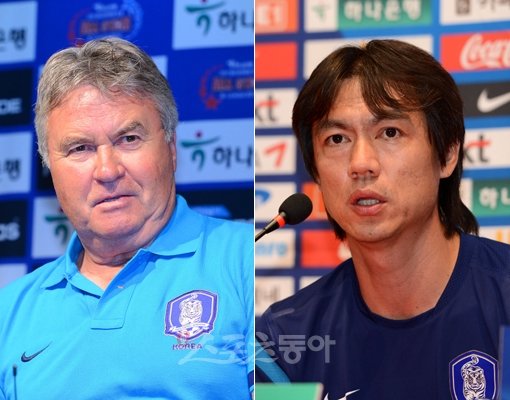 히딩크 감동-홍명보 감독(왼쪽부터). 스포츠동아DB
