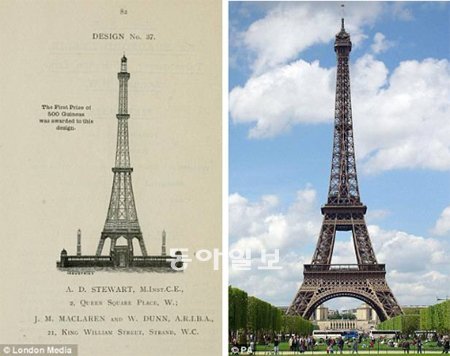 프랑스 파리에 세워진 에펠탑을 능가할 ‘런던 그레이트 타워’ 설계 공모전에서 1등을 차지한 설계도(왼쪽)과 실제의 에펠탑.