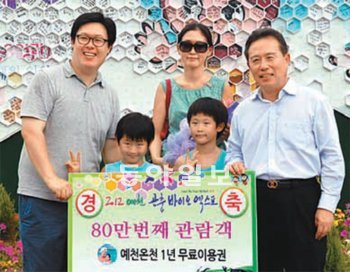 이현준 예천군수(오른쪽)가 예천곤충바이오엑스포 80만 번째 관람객을 축하하고있다. 예천군 제공