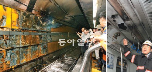 시커먼 역사… 구멍 뚫린 전동차 27일 오후 부산 사하구 괴정동 부산 도시철도 1호선 대티역으로 들어가던 전동차에 불이 나 철로와 벽면이 그슬리고(왼쪽 사진) 전동차 천장에 구멍이 뚫렸다(오른쪽 사진). 이 사고로 승객 150여 명이 대피하고 지하철 운행이 중단됐다. 부산=최재호 기자 choijh92@donga.com·부산소방본부 제공