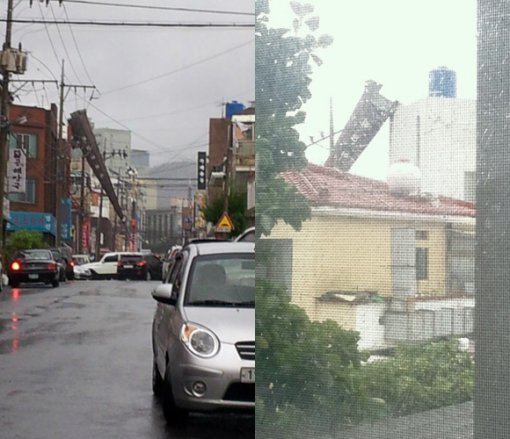 트위터에 올라온 제주도의 한 교회 철탑 구조물이 쓰러진 모습. 다양한 각도에서 찍힌 모습이 올라왔다. (출처= @sunghiis_, @hayoungroh96)
