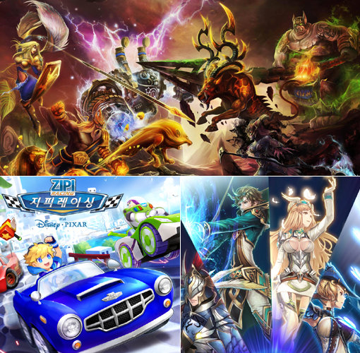 서로 다른 장르를 한 게임에 담은 ‘크로스오버 게임’이 각광을 받고 있다. (맨 위 큰 사진부터 시계방향) 롤플레잉 게임(RPG)에 전략시뮬레이션(RTS)을 혼합한 AOS 장르의 게임 ‘히어로즈 오브 뉴어스’, RPG와 슈팅게임이 결합한 ‘거울전쟁-신성부활’, PC와 스마트폰을 넘나드는 멀티 플랫폼게임인 ‘지피레이싱’. 사진제공｜엔트리브소프트·엘엔케이로직코리아·넷마블
