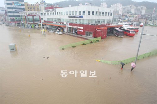 무릎까지 잠긴 목포 시내 14호 태풍 덴빈이 상륙한 30일 전남 목포시 상동 목포버스터미널 주변 도로가 침수돼 흙탕물에 잠겨 있다. 이날 목포에는 172.9mm의 비가 쏟아졌다. 목포=박영철 기자 skyblue@donga.com