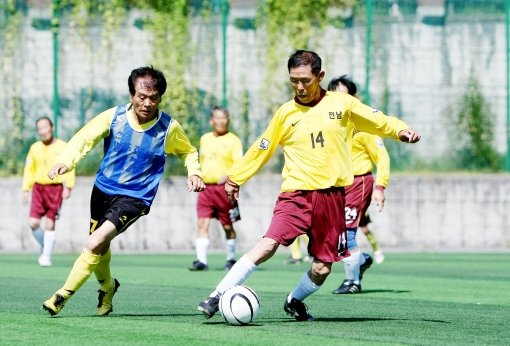 ‘승리에 대한 열정은 20대 못지 않아.’ 축구경기에 출전한 ‘어르신 선수’들이 치열하게 볼을 다투고 있다. 12일부터 경남 
창원시에서 열리는 전국어르신생활체육대축전에는 전국 4225명의 노인 생활체육 동호인이 참가한다. 사진제공｜국민생활체육회