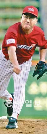 최동원(1958∼2011)이 2001년 7월 16일 잠실구장에서 열린 ‘올드스타전’에서 백두팀의 선발로 나서 역투하고 있다. 현역 시절 롯데의 에이스로 뛰었던 그는 1990년 삼성에서 은퇴한 뒤 한화 2군 감독을 지냈지만 친정팀에서 지도자 생활을 하지 못한 걸 늘 아쉬워했다. 동아일보DB