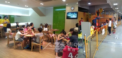 국내 프로야구장 중 가장 최신의 시설을 자랑하는 문학구장은 매 게임 100여명의 파트타이머를 고용할 정도로 다양한 부대시설을 갖추고 있다. 찌는 듯한 불볕더위가 기승을 부린 올 여름, 이들 파트타이머는 더위와 전쟁을 치렀고 부문별로 더위를 이겨내는 노하우도 개발했다. 사진은 터치라운지(왼쪽)와 어린이열차 등 문학구장의 편의시설. 문학｜정지욱 기자