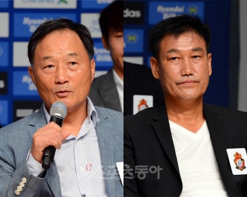 경남FC와 울산현대가 15일 K리그 31라운드에서 리턴매치를 벌인다. 울산 김호곤 감독(왼쪽)은 FA컵 4강에서 경남에 당한 패배를 이번에 되갚아주겠다는 각오다. 경남 최진한 감독 역시 호락호락 물러서지 않을 태세라 치열한 공방전이 예상된다. 13일 미디어데이에 참석한 두 감독의 모습. 박화용 기자 inphoto@donga.com 트위터@seven7sola