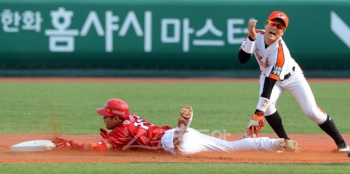 야구는 멘탈 경기다. 감독에게는 선수들의 마음을 읽고, 승리라는 공동의 목표를 향해 전진하게 만드는 인간 경영자의 역할이 중요하다. 어떤 방식으로든 선수의 마음을 사로잡는 감독은 명장이다. 올 시즌 유난히 멘탈 실책이 많았던 한화와 KIA의 경기 장면. KIA 이용규(왼쪽)의 2루 도루 때 한화 유격수 이대수가 2루 커버에 나섰지만 포수의 송구는 한참 엇나갔다. 스포츠동아DB