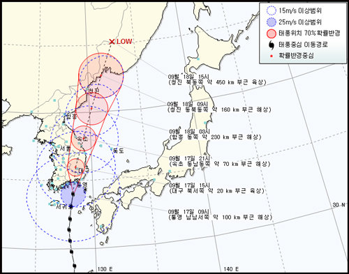 태풍 산바 경로 및 위치