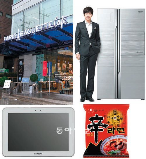 한국생산성본부의 NBCI 조사에서 주요 산업 1위를 차지한 브랜드들.(왼쪽 위부터 시계방향) 베이커리의 파리바게뜨, 양문형 냉장고의 지펠, 라면 산업의 신라면, 태블릿PC의 갤럭시탭. 한국생산성본부 제공