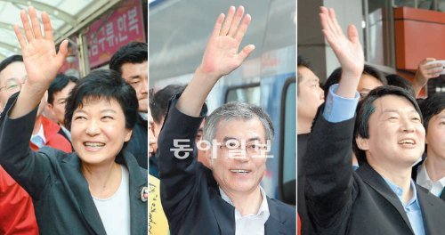 누구 손을 잡으시겠습니까 ‘민족의 대이동’을 앞두고 28일 추석 민심 잡기에 여념이 없는 대선후보들. 왼쪽부터 대구 중구서문시장을 찾은 박근혜 새누리당 후보, 대전역과 서울 서초구 강남고속버스터미널에서 각각 귀성객들에게 인사하는 문재인 민주통합당 후보와 무소속 안철수 후보. 대구·대전=연합뉴스·김동주 기자 zoo@donga.com