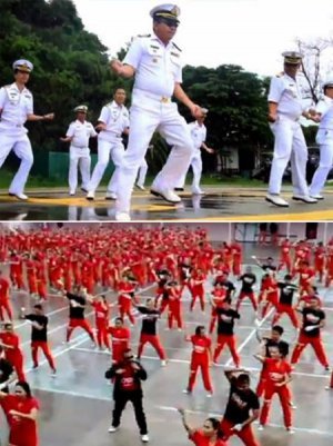 태국 해군도… 필리핀 재소자들도 ‘말춤’ 태국 해군 장병들이 다 같이 흰색 군복을 입고 싸이의 ‘강남스타일’을 따라하고 있다. 아래쪽 사진은 수의를 입고 말춤을 따라하는 필리핀 세부의 교정갱생센터 수감자들. 유튜브 화면 캡처