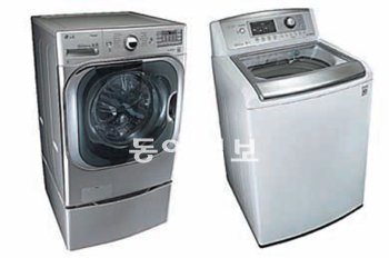 미국 ‘컨슈머리포트’ 성능 평가에서 종합 1위로 선정된 LG전자 드럼세탁기(왼쪽)와 일반 세탁기. LG전자 제공