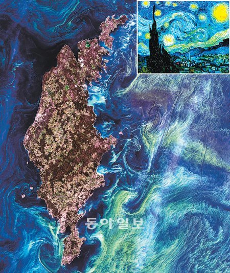 녹색 물결의 일렁거림이 빈센트 반 고흐의 ‘별이 빛나는 밤’(작은 사진)을 연상시킨다.  사진은 ‘랜드샛 7호’가 2005년
 발트 해에 있는 고틀란드 섬 주변의 녹색 식물 플랑크톤이 군집한 모습을 촬영한 것이다. NASA 제공