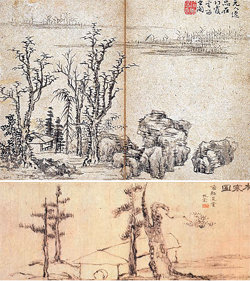 추사가 아꼈던 장경의 화첩에 실린 ‘소림모옥’(위)과 ‘세한도’. 간송미술관 제공·동아일보DB