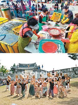 (왼쪽) 제21회 자갈치 축제가 10일 전야제를 시작으로 14일까지 부산 중구 자갈치시장 일원에서 열린다. 상인들이 싱싱한 회를 장만해 손님맞이에 나서고 있다. 최재호 기자 choijh92@donga.com (오른쪽) 12∼14일 동래읍성역사축제에서는 임진왜란 당시 민관이 합동으로 나서서 일본과 싸운 동래성전투를 주제로 한 뮤지컬이 현대적으로 소개된다. 동래구청 제공