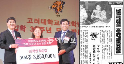 ‘고모집’ 주인 이순이 씨(왼쪽 사진 가운데)가 13일 고려대 82학번 동기회로부터 외상값 385만 원을 받고 있다. 이 씨는 
돈을 전부 학교에 기부했다. 첫 번째 주인 한정숙 씨가 가게를 떠날 당시 이를 보도한 동아일보 
1993년 4월 17일자 기사(오른쪽 사진). 고대신문 제공, 동아일보DB
