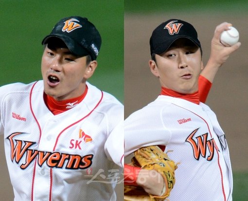 1차전 깜짝 선발 카드였던 SK 김광현은 6이닝을 1실점으로 막고 PO 시리즈 승리에 첫 단추를 꼈다. 김광현이 박진만의 호수비로 6회초 1사 1·3루 위기를 벗어나자 활짝 웃고 있다(왼쪽 사진). 마무리 정우람도 9회초 1이닝을 퍼펙트로 막고 김광현과 팀의 승리를 지켰다.