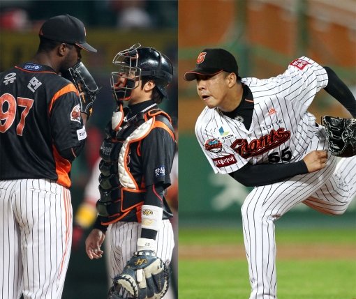1차전 롯데 선발 유먼(왼쪽)이 6회말 박재상에게 안타를 맞은 뒤 포수 용덕한과 다음타자 최정과의 승부를 상의하고 있다(왼쪽 사진). 김사율이 곧이어 구원 등판해 이호준을 외야 플라이로 잡았지만 박정권에게 결승타를 허용했다. 사진제공｜스포츠코리아