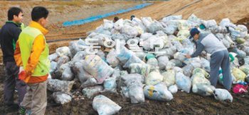 지난달 3일부터 시작된 반입 폐기물에 대한 준법 감시 활동으로 폐기물 반입이 크게 줄어든 수도권매립지 제2매립장. 주민감시요원들이 종량제 봉투를 뜯어 불법 폐기물이 있는지 살펴보고 있다. 수도권매립지주민지원협의체 제공