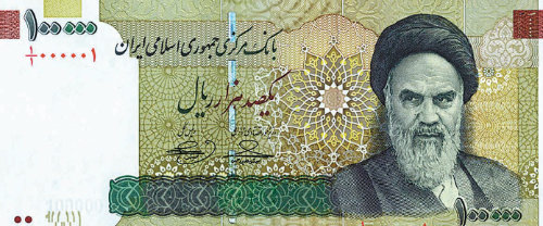 이란 최고액권인 10만 리알 지폐. 출처 위키피디아