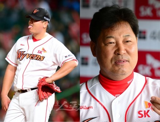 채병용(왼쪽)-이만수 감독. 스포츠동아DB