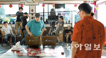 한국 3D영화의 현장 ‘신 소림사 주방장’의 리건 감독(가운데 모자 쓴 사람)과 신경원 촬영감독(카메라 잡은 사람) 등이 영화의 주요 무대로 쓰인 중국음식점에서 배우들의 움직임을 상의하며 촬영하고 있다. 투아이디지털 제공