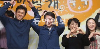 安 양팔 들고 ‘하트’ 무소속 안철수 후보(오른쪽에서 세 번째)가 22일 서울 동작구 상도동 희망나눔동작네트워크를 찾아 직원들과 양팔을 들어 하트 모양을 만들어 보였다. 박영대 기자 sannae@donga.com