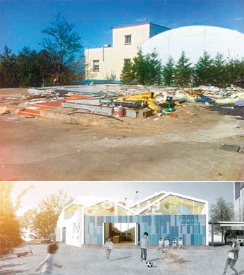 (위)태풍 피해 후 철거된 산내들 지역아동센터. (아래)새로 지어질 산내들 지역아동센터.