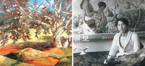 이인성 화백의 1940년대 작품 ‘사과나무’(왼쪽). 이인성 화백이 1930년대 작품활동을 하던 모습. 대구미술관 제공