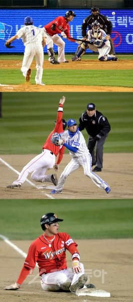 전반적인 전력에서 밀리는 SK는 소위 득점을 제조하는 ‘매뉴팩처링’ 능력으로 삼성을 따라잡아야 했지만 한국시리즈(KS)에서는 생각만큼 되지 않았다. 최대 분수령이었던 KS 5차전 4회 무사 1·2루에서 박정권은 번트를 시도했으나(위) 삼성의 ‘100% 번트 수비’에 막혀 2루주자 최정이 3루에서 아웃됐다.(가운데) 최정이 허탈한 표정을 감추지 못하고 있다(아래). 스포츠동아DB