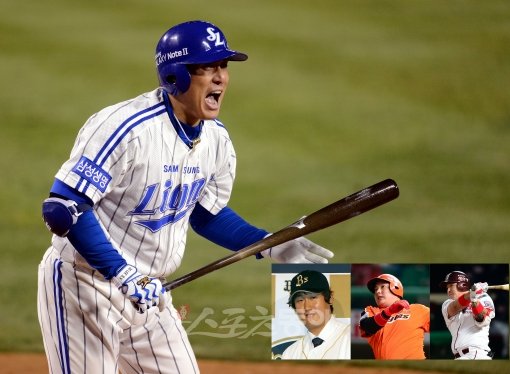 WBC에서 또 한번 ‘국민타자’의 호쾌한 스윙을 볼 수 있을까? 삼성 이승엽이 국가대표 복귀를 희망하면서 귀추가 주목되고 있다. 이승엽이 지난달 28일 문학구장에서 열린 한국시리즈 3차전 3회 2타점 적시타를 친 뒤 포효하고 있다. 작은 사진은 이대호, 김태균, 박병호(왼쪽부터). 스포츠동아 DB