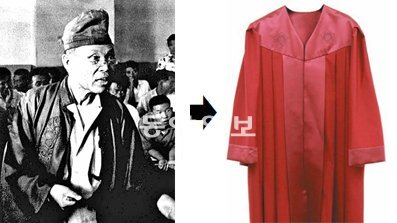 40여 년 전 법복을 입은 변호사의 사진(왼쪽)과 서울지방변호사회가 새로 마련한 변호사 법복의 모습. 왼쪽 사진은 강해룡 작가(변호사)의 작품 ‘항변(抗辯)’. 작가가 좌배석 판사로 있던 1960년대 초반 재판장의 묵인 아래 고 오완수 변호사가 당시 법복과 법모를 착용하고 대구지법 제3호 민사법정에서 변론하는 장면을 몰래 찍었다. 서울지방변호사회 제공