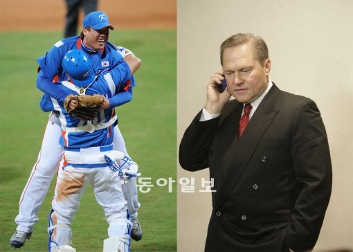 류현진(뒤)이 2008베이징올림픽 캐나다전 완봉승 직후 포수 진갑용과 껴안고 환호하고 있다.(왼쪽 사진) 류현진의 에이전트 스콧 보라스(오른쪽) 동아일보DB