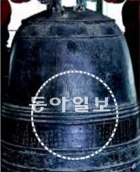 6·25전쟁 당시의 총탄 자국들(흰 점선 안)이 선명하게 남아 있는 강원 속초 신흥사 동종. 불교중앙박물관 제공