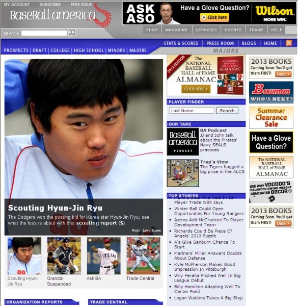 류현진의 스카우팅 리포트를 게재한 베이스볼아메리카 홈페이지 메인 화면. 베이스볼아메리카는 15일(한국시간) 류현진이 LA 다저스에서 3선발을 충분히 맡을 수 있을 것으로 전망했다.
