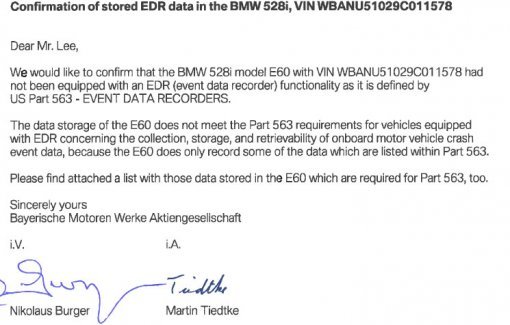 BMW는 취재진에게 528i 차량에 EDR이 없다고 공문을 보내왔다.