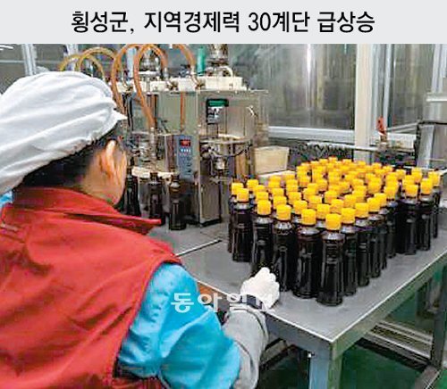 강원 횡성군은 올해 지역경제력 평가 부문에서 순위가 30계단이나 상승했다. 지방자치단체, 주민, 농협 등 각 사업주체 간의
 유기적인 협력이 돋보인다. 지난달 미국 뉴욕 인근에 국내 농협 가공 제품으로는 처음 직판장을 낸 횡성군 서원농협 식품 
가공공장에서 직원들이 들기름을 짜고 있다. 동아일보DB